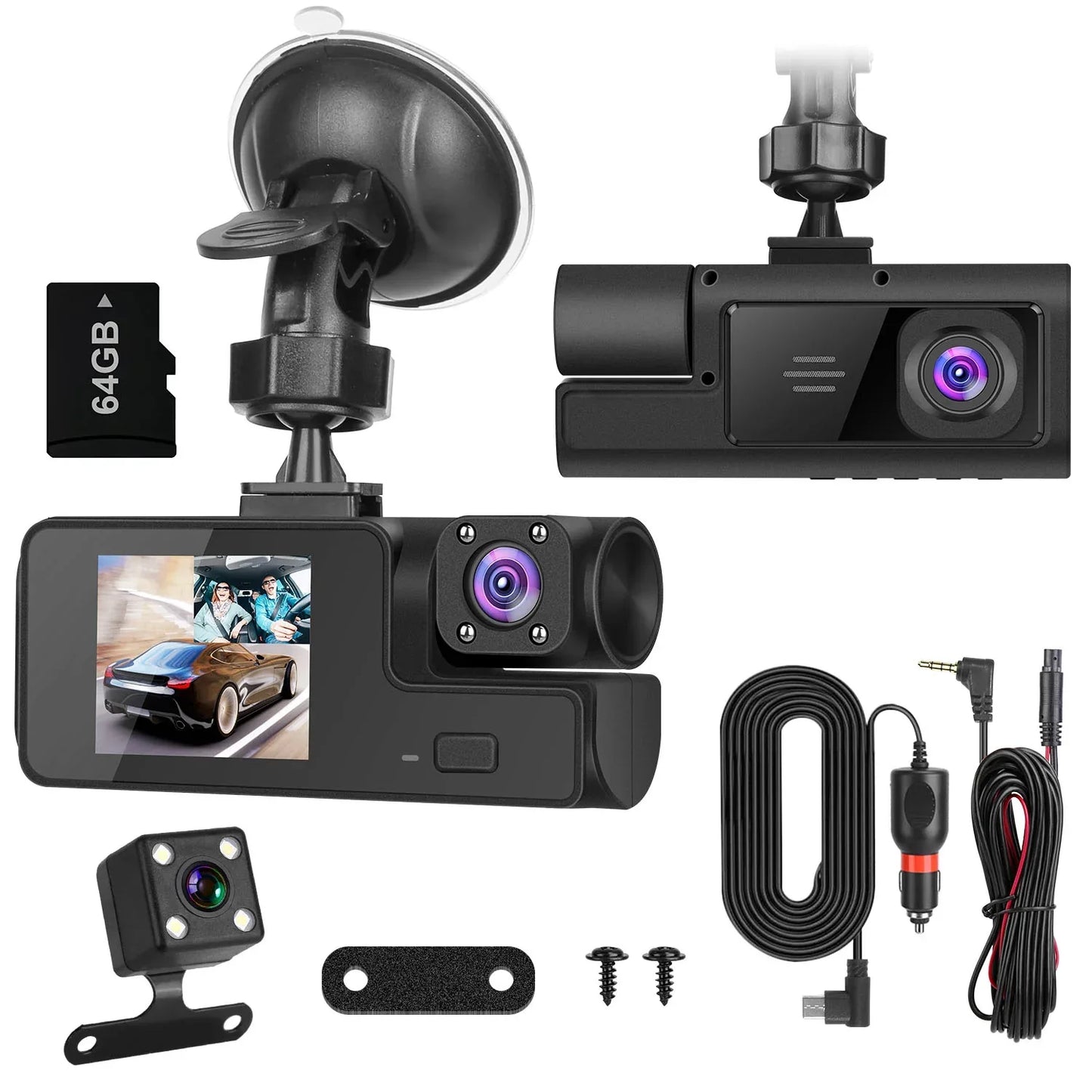 1Pc WiFi FHD 1080P Car Dash Cam 3 Channels Front Rear Inside Dash Camera With Loop Recording Reversing Visual 170 Degree Wide Angle 64G Card Included - THE MILE MAKER DRIVER SHOP
