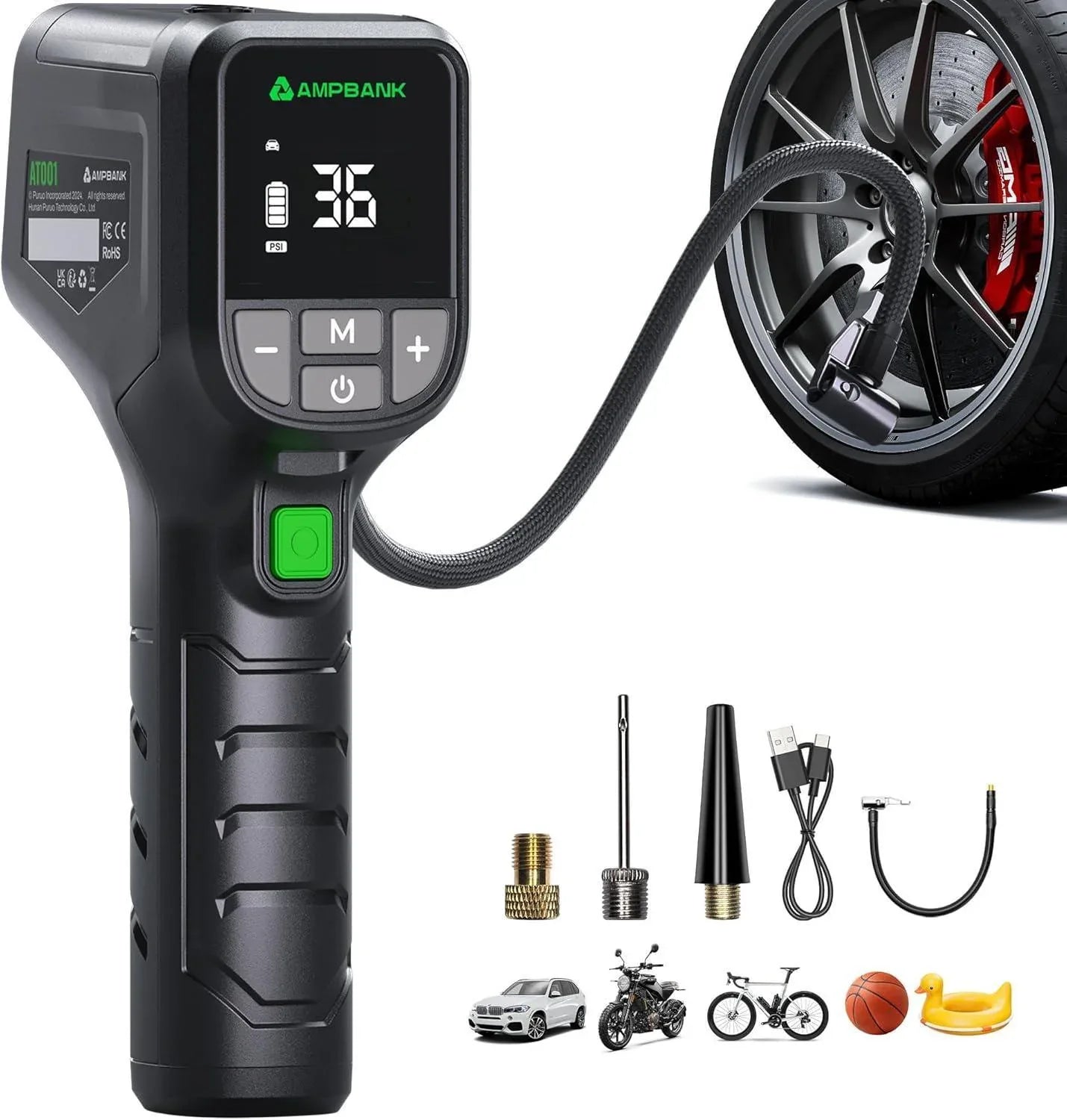 AMPBANK AT001 Portable Tire Air , Car-mounted Automatic Air Pump With Tire Pressure Gauge, 150PSI With LED Suitable For Cars, Motorcycles, SUVs, Bicycles, Balls, Etc. - THE MILE MAKER DRIVER SHOP