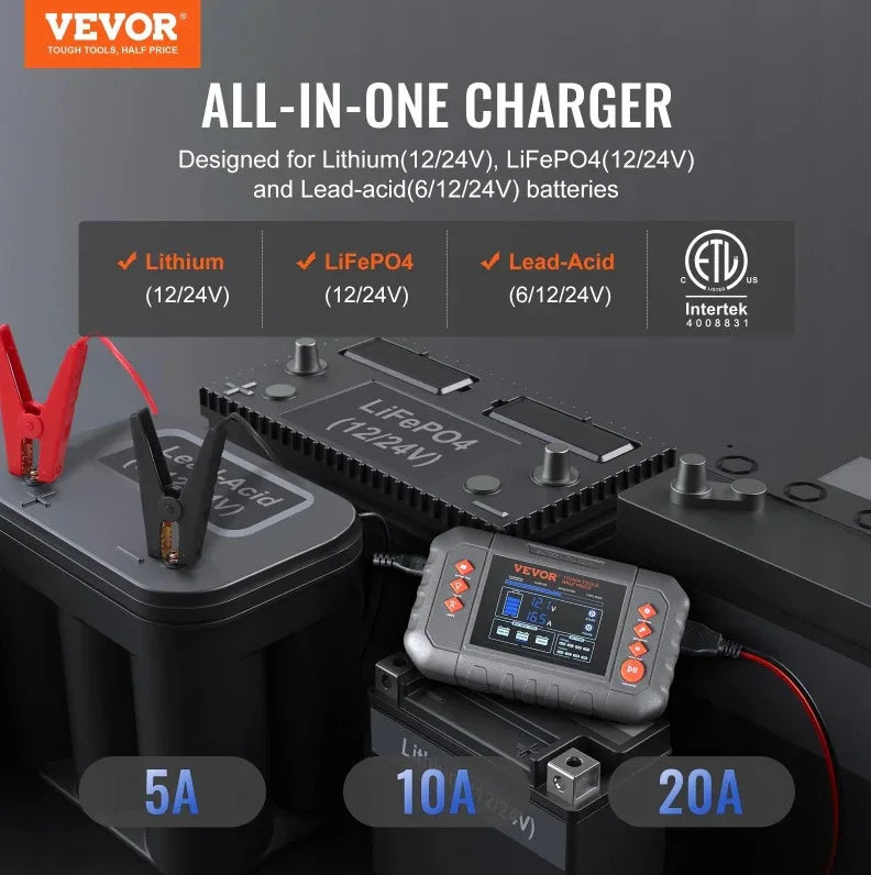 VEVOR Smart Battery Charger, 20-Amp, Lithium LiFePO4 Lead-Acid AGM Gel SLA Car Battery Charger With LCD Display, Trickle Charger Maintainer Desulfator For Boat Motorcycle Lawn Mower Deep Cycle - THE MILE MAKER DRIVER SHOP