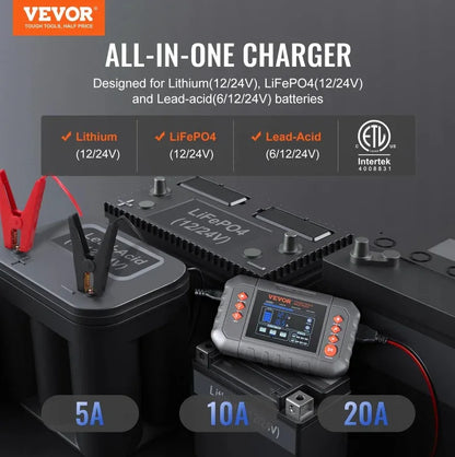 VEVOR Smart Battery Charger, 20-Amp, Lithium LiFePO4 Lead-Acid AGM Gel SLA Car Battery Charger With LCD Display, Trickle Charger Maintainer Desulfator For Boat Motorcycle Lawn Mower Deep Cycle - THE MILE MAKER DRIVER SHOP