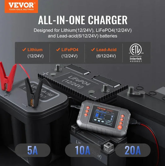VEVOR Smart Battery Charger, 20-Amp, Lithium LiFePO4 Lead-Acid AGM Gel SLA Car Battery Charger With LCD Display, Trickle Charger Maintainer Desulfator For Boat Motorcycle Lawn Mower Deep Cycle - THE MILE MAKER DRIVER SHOP