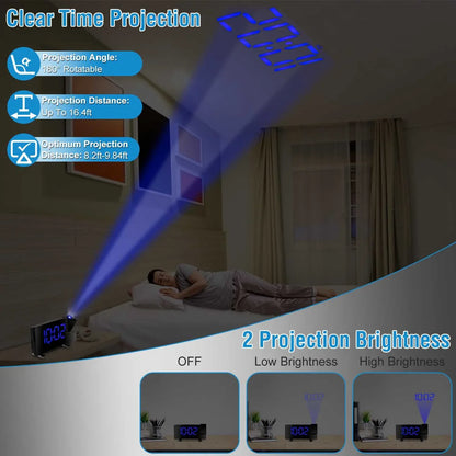 1Pc Projection Alarm Clock With Radio Function Curved Screen LED Digital Alarm Clock With Dual Alarms 4 Dimmer 12-24 Hour USB Charging Port 180Degree Rotatable Projection - THE MILE MAKER DRIVER SHOP