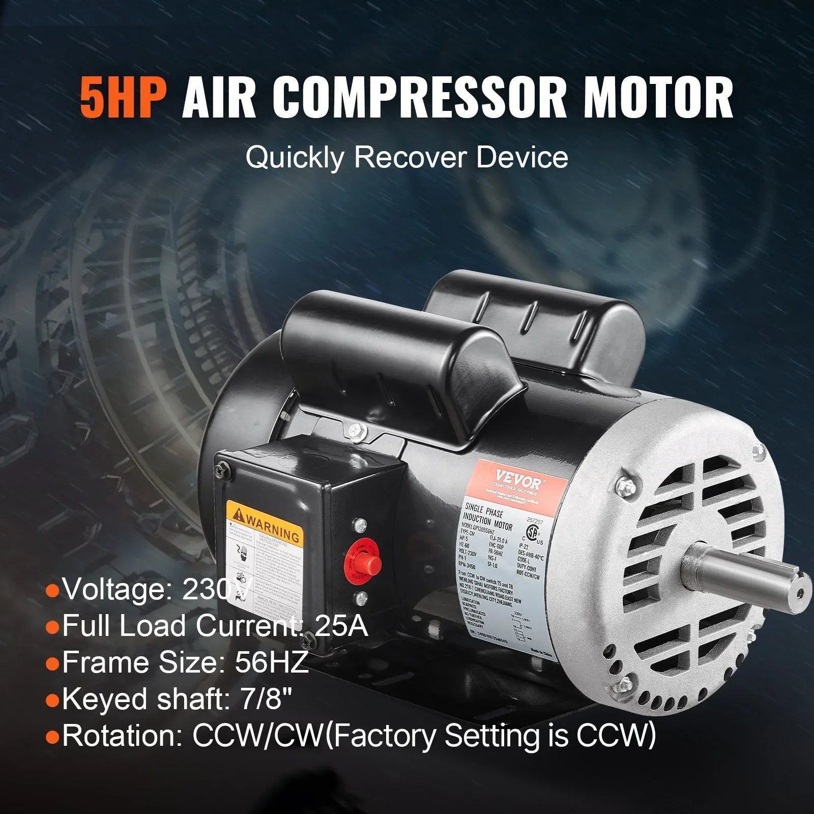 5HP Air Compressor Electric Motor 230V 25A 3450RPM 56Hz Frame CW CCW Rotation - THE MILE MAKER DRIVER SHOP