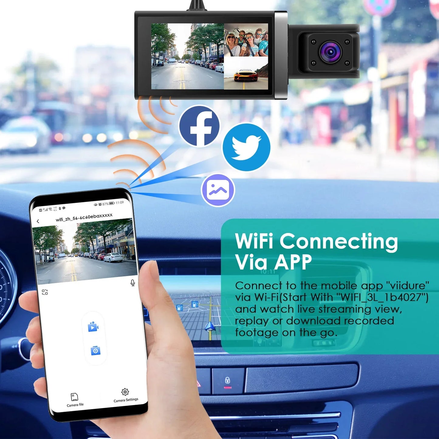 2K Car DVR 3 Channel Dash Cam Camcorder Camera Recorder With 140 Degree Angle GPS WiFi Night Vision G-sensor Loop Recording Parking Monitor - THE MILE MAKER DRIVER SHOP