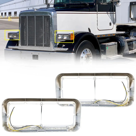 Dual Rectangular 2X For 4x6 Light Headlight Bezel With 12 Amber LED Light Strip For Kenworth T400 T600 T800 W900B W900L Peterbilt 378 379 Western Star 4900 Trucks Clear Lens White LED - THE MILE MAKER DRIVER SHOP