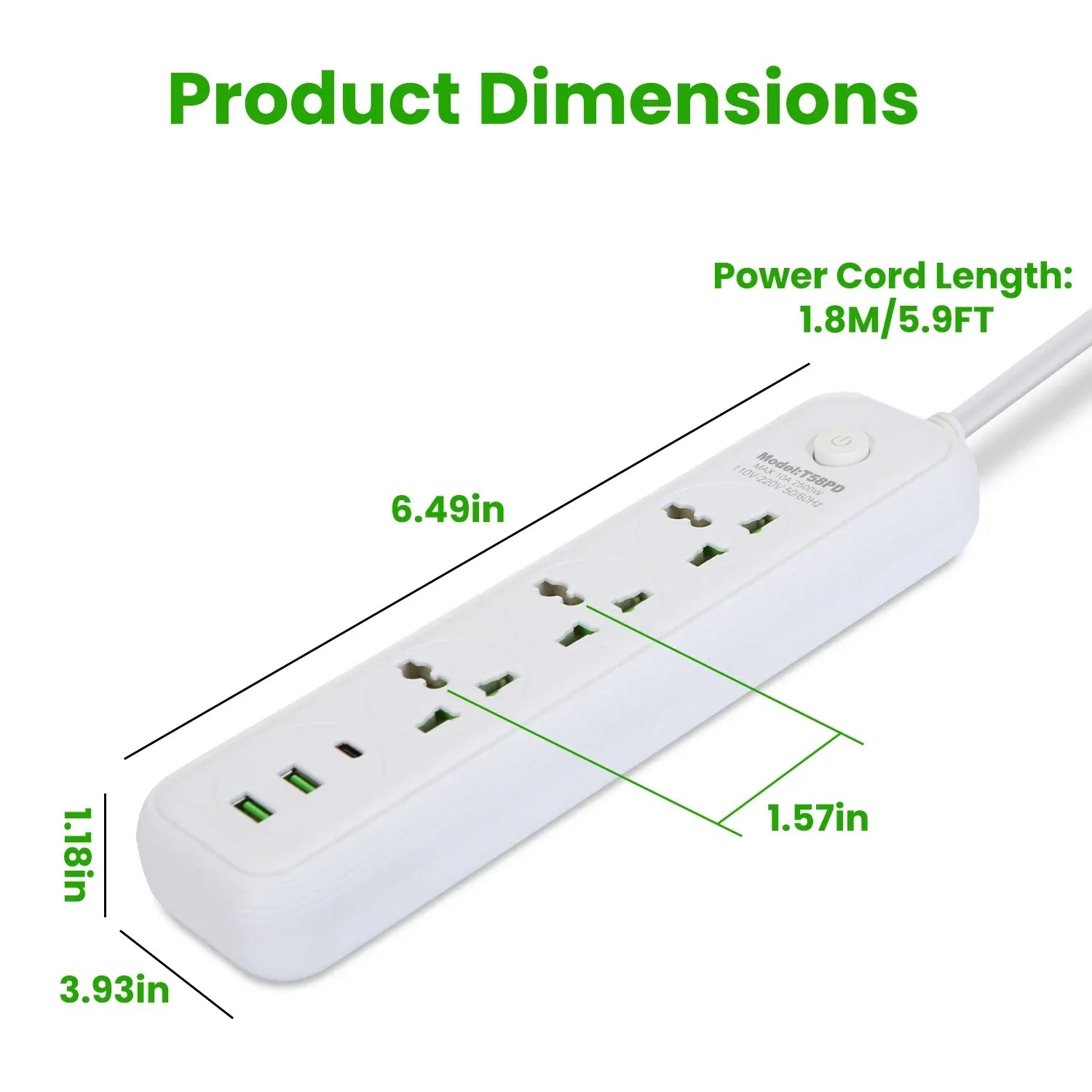 1Pc Power Strip With 6FT Extension Cord 3 AC Outlets And 2 USB A Ports 1 USB C Port 2500W Wall Mount Outlet Extender For Home Office Dorm Travel - THE MILE MAKER DRIVER SHOP