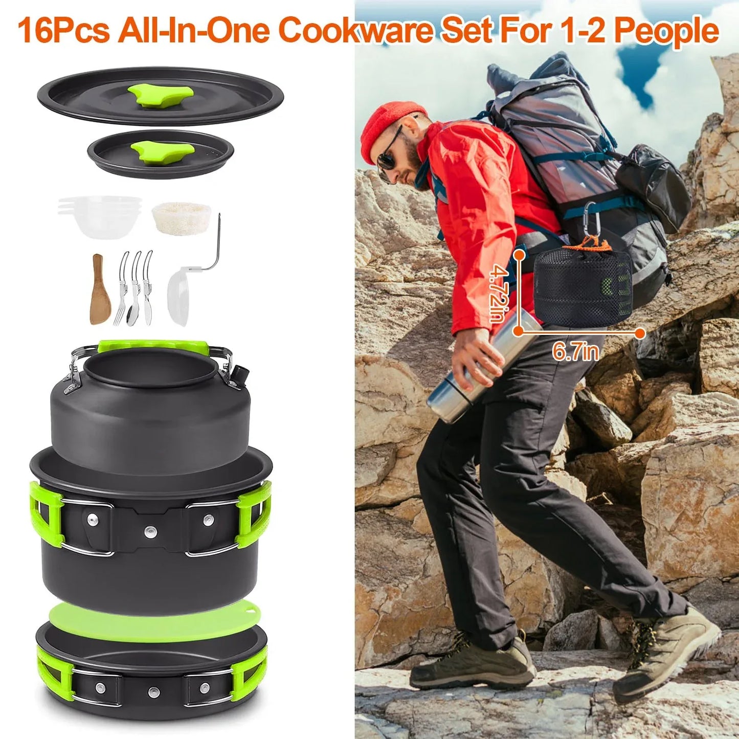 16Pcs Camping Cooking Ware Set Camping Stove Cookware Kit Aluminum Pot Pan Kettle Set With Bowls Knife Fork Spoon Carabiner Spatula Cutting Board For Hiking Picnic Outdoor - THE MILE MAKER DRIVER SHOP