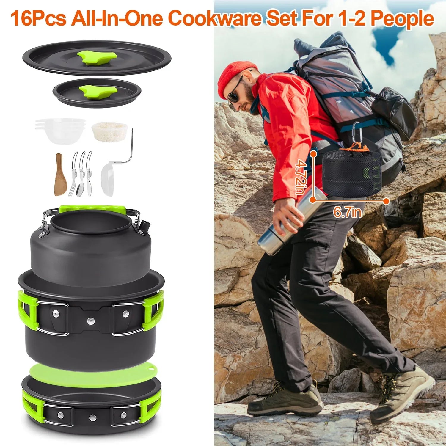16Pcs Camping Cooking Ware Set Camping Stove Cookware Kit Aluminum Pot Pan Kettle Set With Bowls Knife Fork Spoon Carabiner Spatula Cutting Board For Hiking Picnic Outdoor - THE MILE MAKER DRIVER SHOP