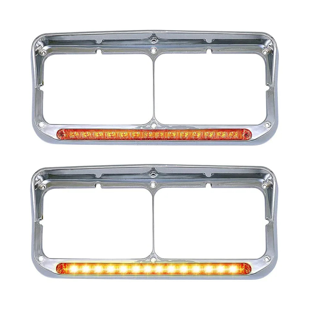 Chrome Rectangular Dual Headlight Bezels With Amber Lens , Amber LED 2Pcs - THE MILE MAKER DRIVER SHOP