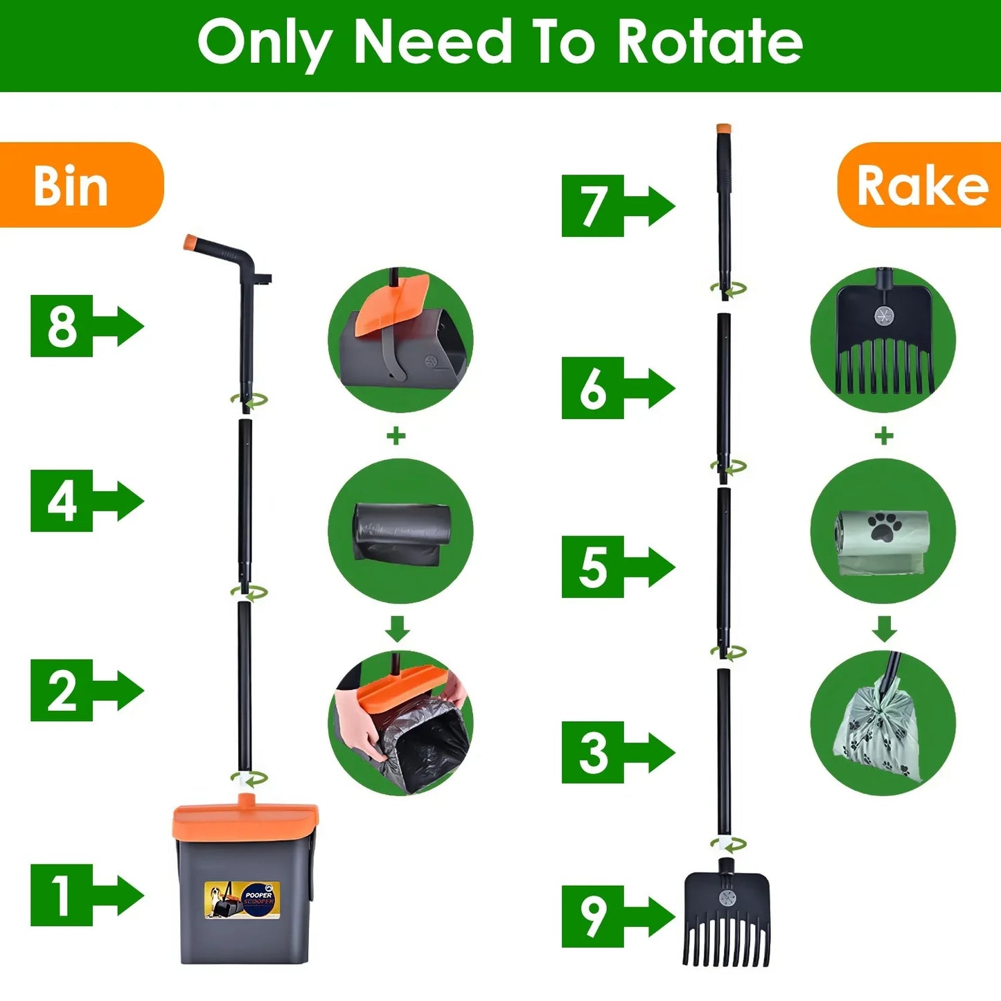 1Set Pooper Scooper Kit Dog Poop Rake & Swiveling Bin Poop Heavy Duty Pick Up Tool With Extra Long Handle 35 Waste Bags Dispenser - THE MILE MAKER DRIVER SHOP