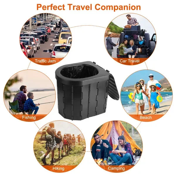 Foldable Emergency Toilet Portable Porta Potty For Car Travel Camping Boating Hiking Cleanable Travel Commode With Lid Carry Bag 1 Roll Garbage Bags - THE MILE MAKER DRIVER SHOP