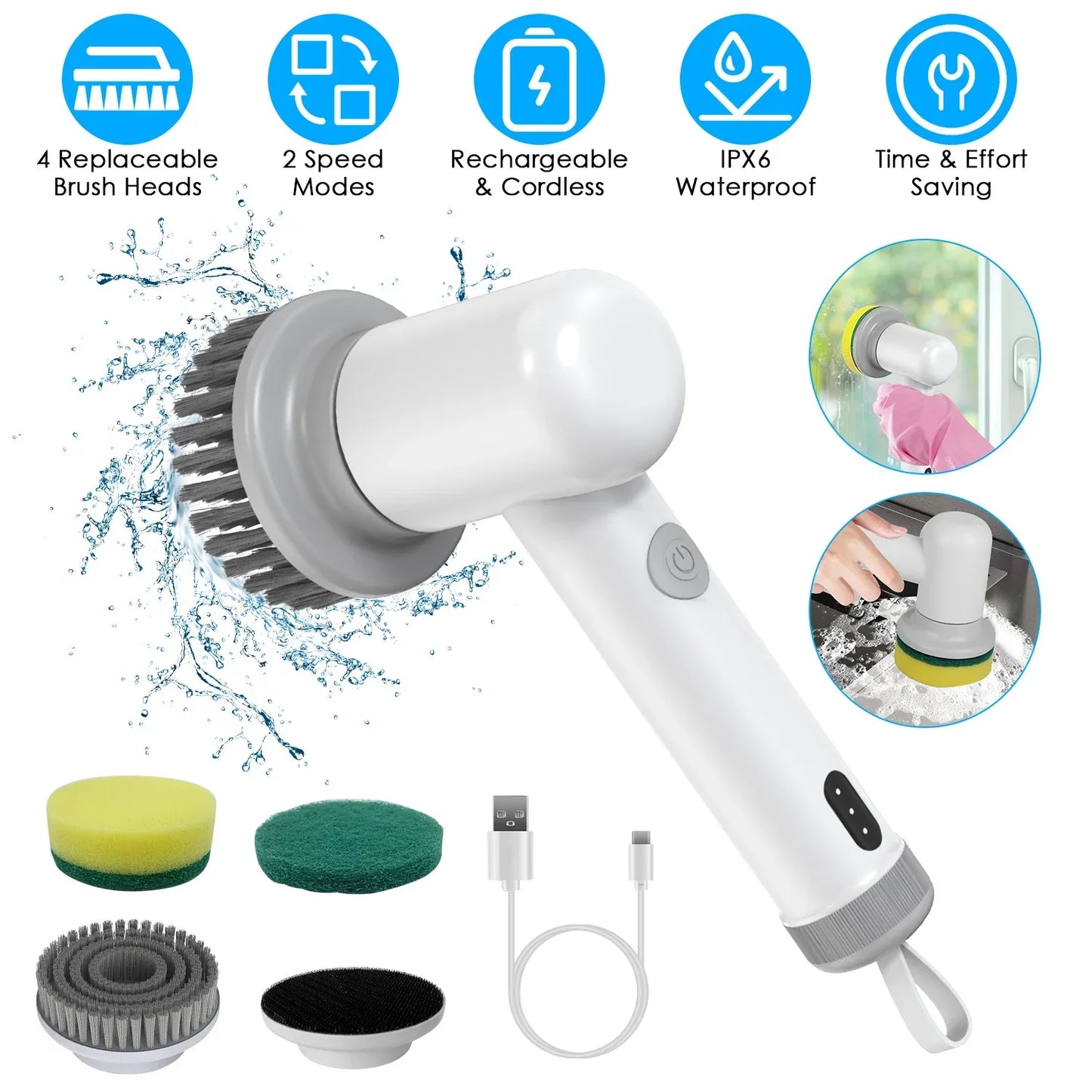 1Set Electric Handheld Spin Scrubber Cordless Cleaning Brush With 2 Rotating Speeds 3 Cleaning Brushes Rechargeable Shower Scrubber For Kitchen Dish Bathtub Sink Tile - THE MILE MAKER DRIVER SHOP