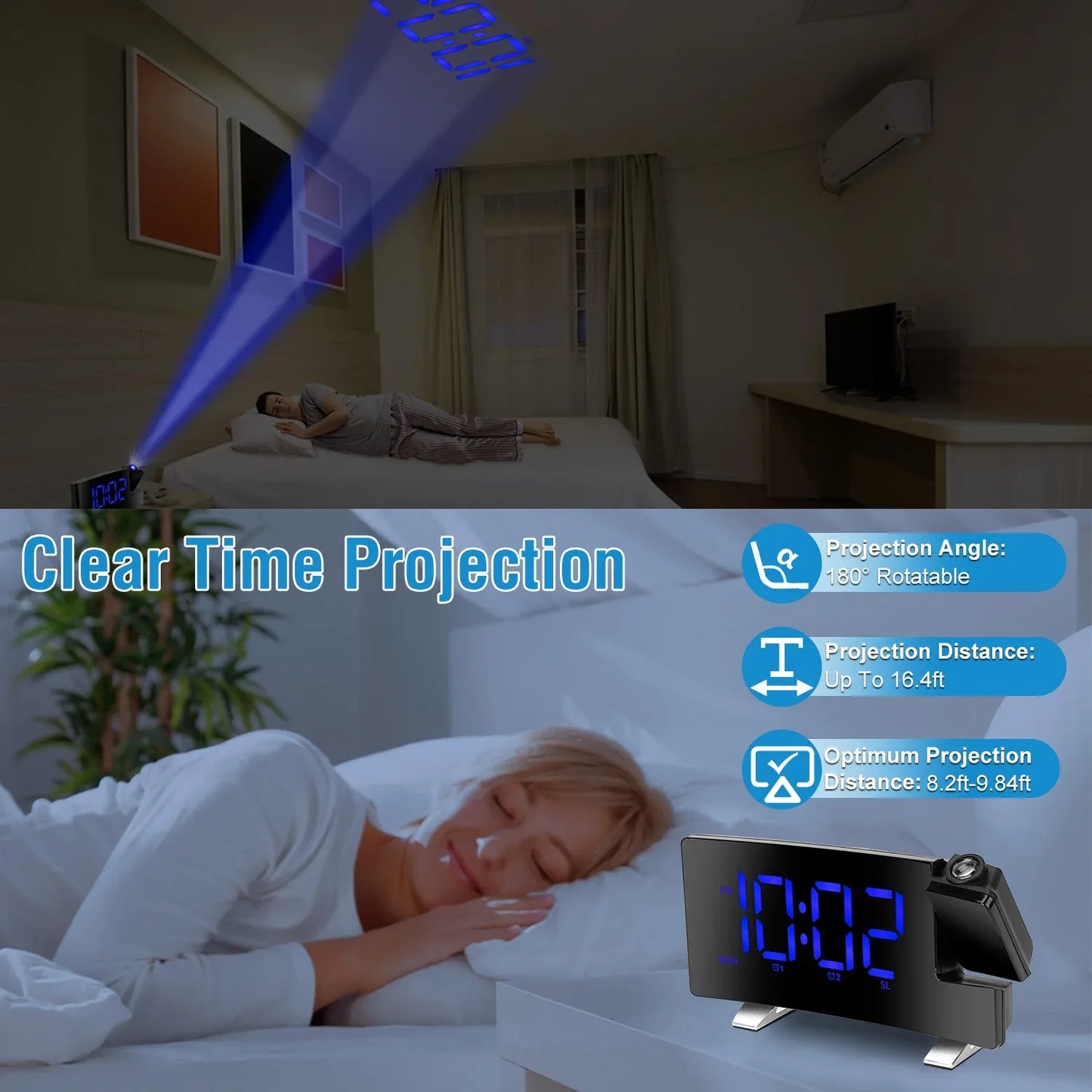 1Pc Projection Alarm Clock With Radio Function Curved Screen LED Digital Alarm Clock With Dual Alarms 4 Dimmer 12-24 Hour USB Charging Port 180Degree Rotatable Projection - THE MILE MAKER DRIVER SHOP