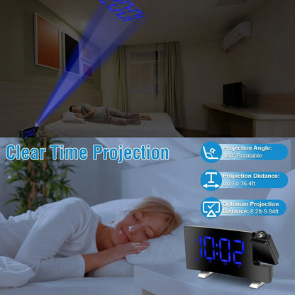 1Pc Projection Alarm Clock With Radio Function Curved Screen LED Digital Alarm Clock With Dual Alarms 4 Dimmer 12-24 Hour USB Charging Port 180Degree Rotatable Projection - THE MILE MAKER DRIVER SHOP