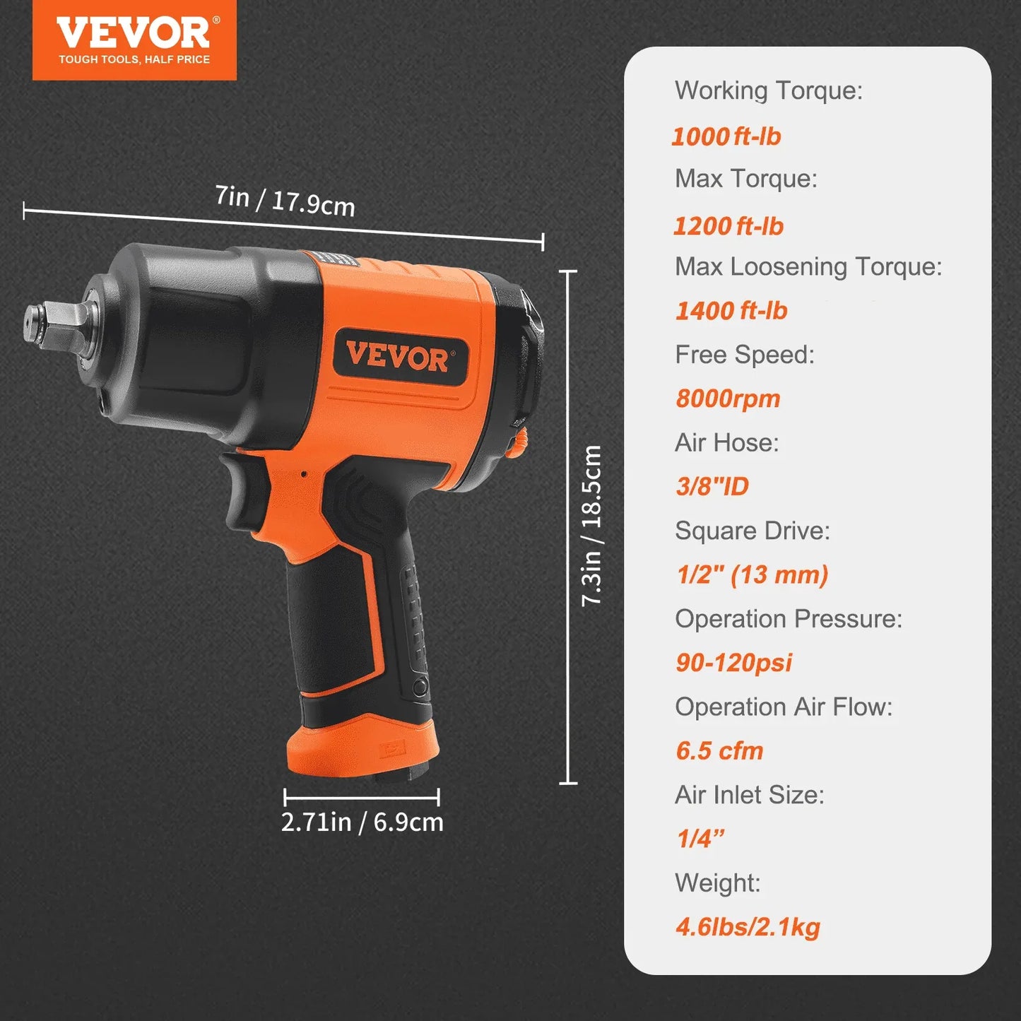 VEVOR Air Impact Wrench Square Drive 1400ft-lb Nut-busting Torque 90-120PSI - THE MILE MAKER DRIVER SHOP