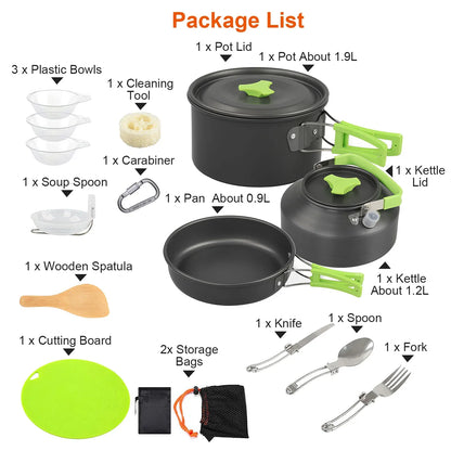 16Pcs Camping Cooking Ware Set Camping Stove Cookware Kit Aluminum Pot Pan Kettle Set With Bowls Knife Fork Spoon Carabiner Spatula Cutting Board For Hiking Picnic Outdoor - THE MILE MAKER DRIVER SHOP