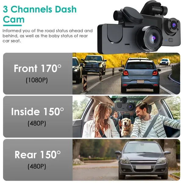 3 Channel Dash Cam Front Inside Rear Vehicle Driving Recorder Car DVR With 32G MMC Card G Sensor Motion Detection Parking Monitor Night Vision Loop Recording - THE MILE MAKER DRIVER SHOP