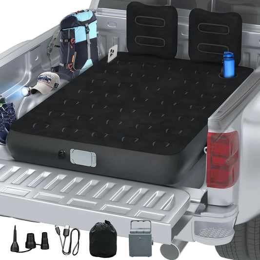 Full Size Truck Inflatable Mattress, Fits For 5.5-6.5 Ft Trucks, Inflatable Pickup Truck Air Bed, With Phone Slot And Cup Slot, 2 Pillows, Suitable For Outdoor And Indoor - THE MILE MAKER DRIVER SHOP