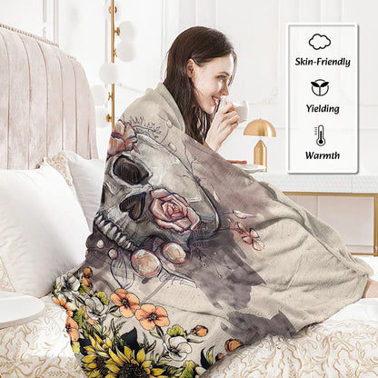 Rustic Skull Sunflower Flannel Fleece Blanket Floral Skull Flannel Soft Plush Throw Blanket Cozy Blankets For Bed Chair Car Sofa Couch Bedroom 75x100cm 130x150cm 150x200cm - THE MILE MAKER DRIVER SHOP