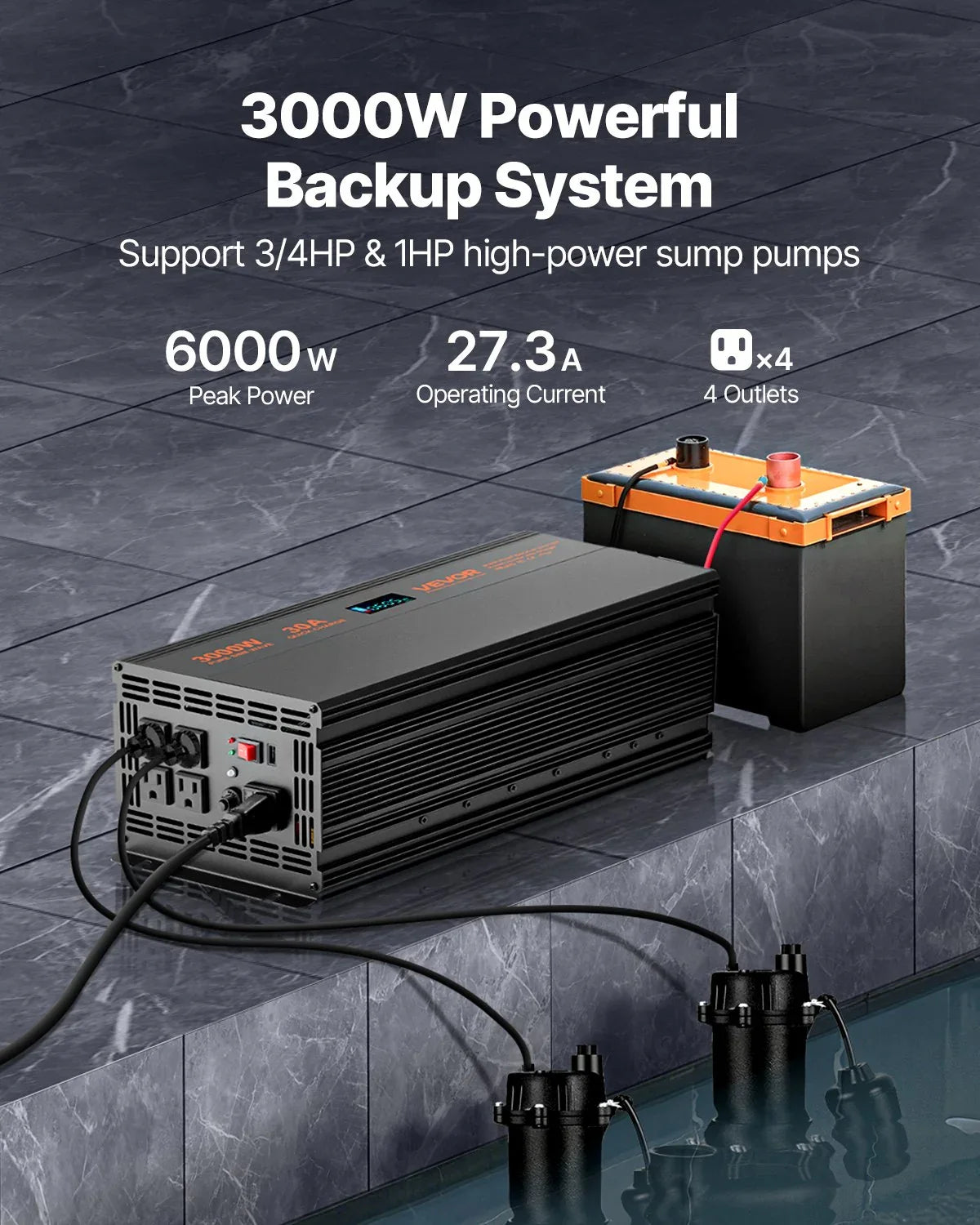 Sump Pump Battery Backup System 3000W LCD Auto Switches To Battery Inverter - THE MILE MAKER DRIVER SHOP