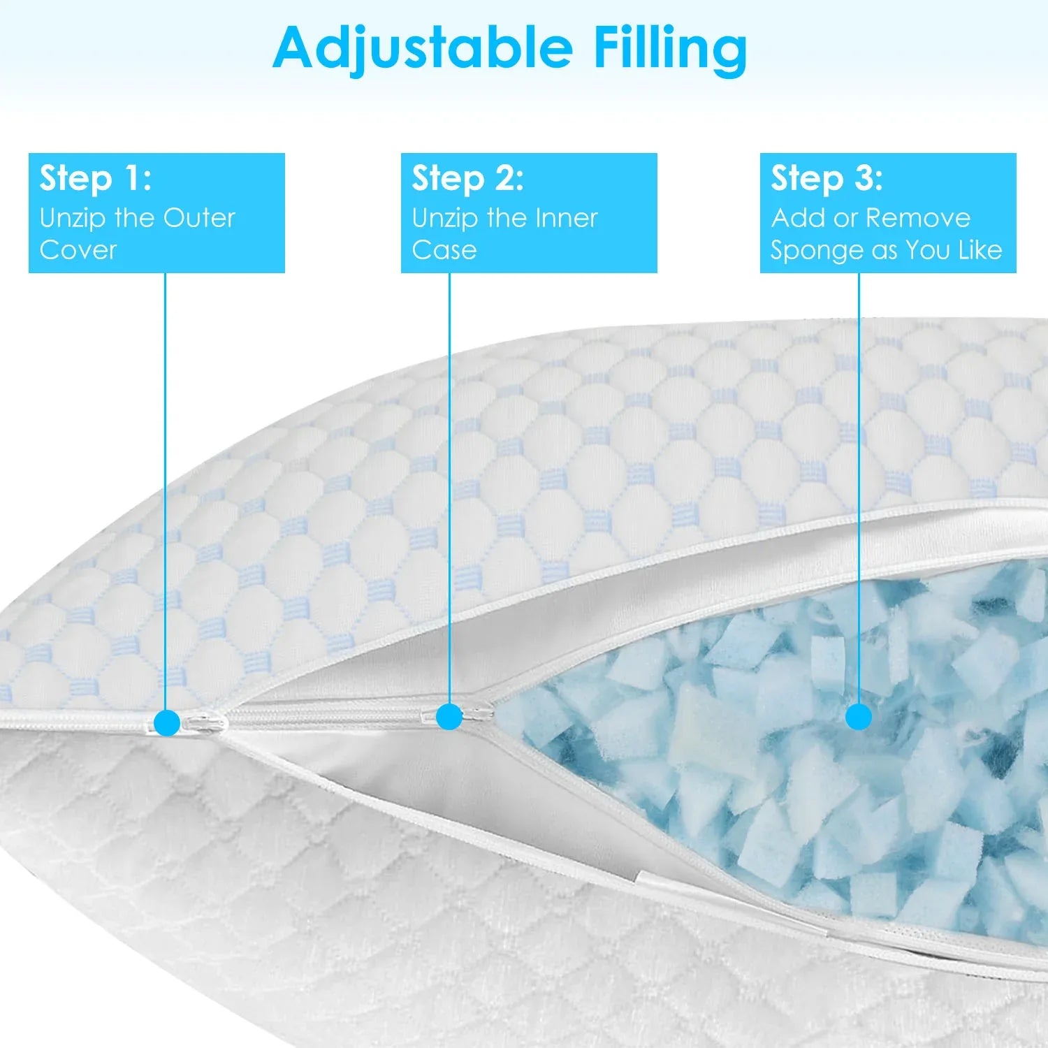 1Pc Or 2Pcs King Or Queen Size Options Shredded Memory Foam Pillow Adjustable Cool Pillow With Extra Filling Machine Washable Cover For Side Back Stomach Sleepers - THE MILE MAKER DRIVER SHOP