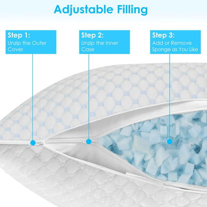 1Pc Or 2Pcs King Or Queen Size Options Shredded Memory Foam Pillow Adjustable Cool Pillow With Extra Filling Machine Washable Cover For Side Back Stomach Sleepers - THE MILE MAKER DRIVER SHOP