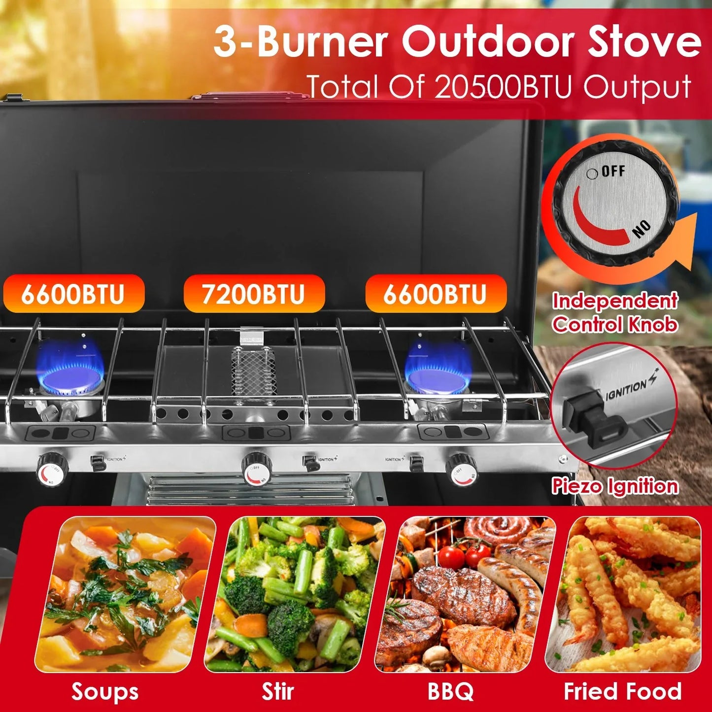 3 Burner Camping Stove 20000 BTU Portable Foldable Propane Stove With Toast Tray Windshield Portable Handle Outdoor Cooking Gas Stove For RV Camping BBQ Picnic - THE MILE MAKER DRIVER SHOP