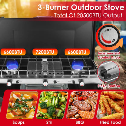 3 Burner Camping Stove 20000 BTU Portable Foldable Propane Stove With Toast Tray Windshield Portable Handle Outdoor Cooking Gas Stove For RV Camping BBQ Picnic - THE MILE MAKER DRIVER SHOP