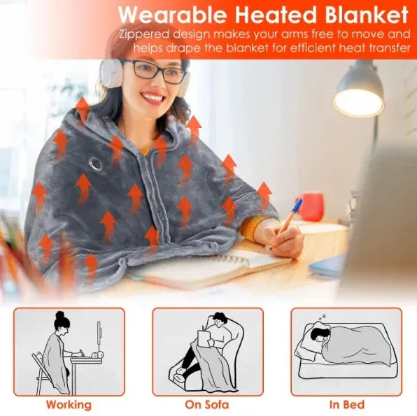 59 Plus 31in USB Heated Blanket Electric Heated Blanket Heated Poncho Shawl Wrap Throw With Zipper Washable For Home Office - THE MILE MAKER DRIVER SHOP