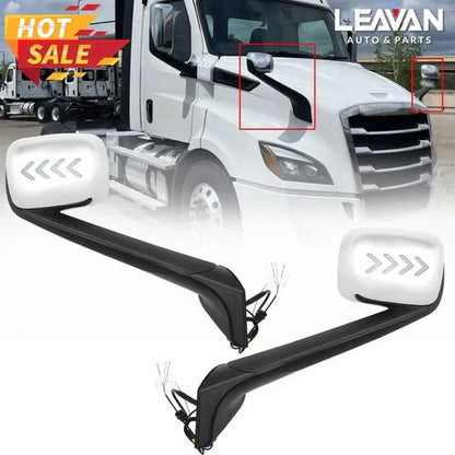 For Freightliner Cascadia 2018 Pair Chrome Heated Hood Mirror W Turn Signal LED - THE MILE MAKER DRIVER SHOP