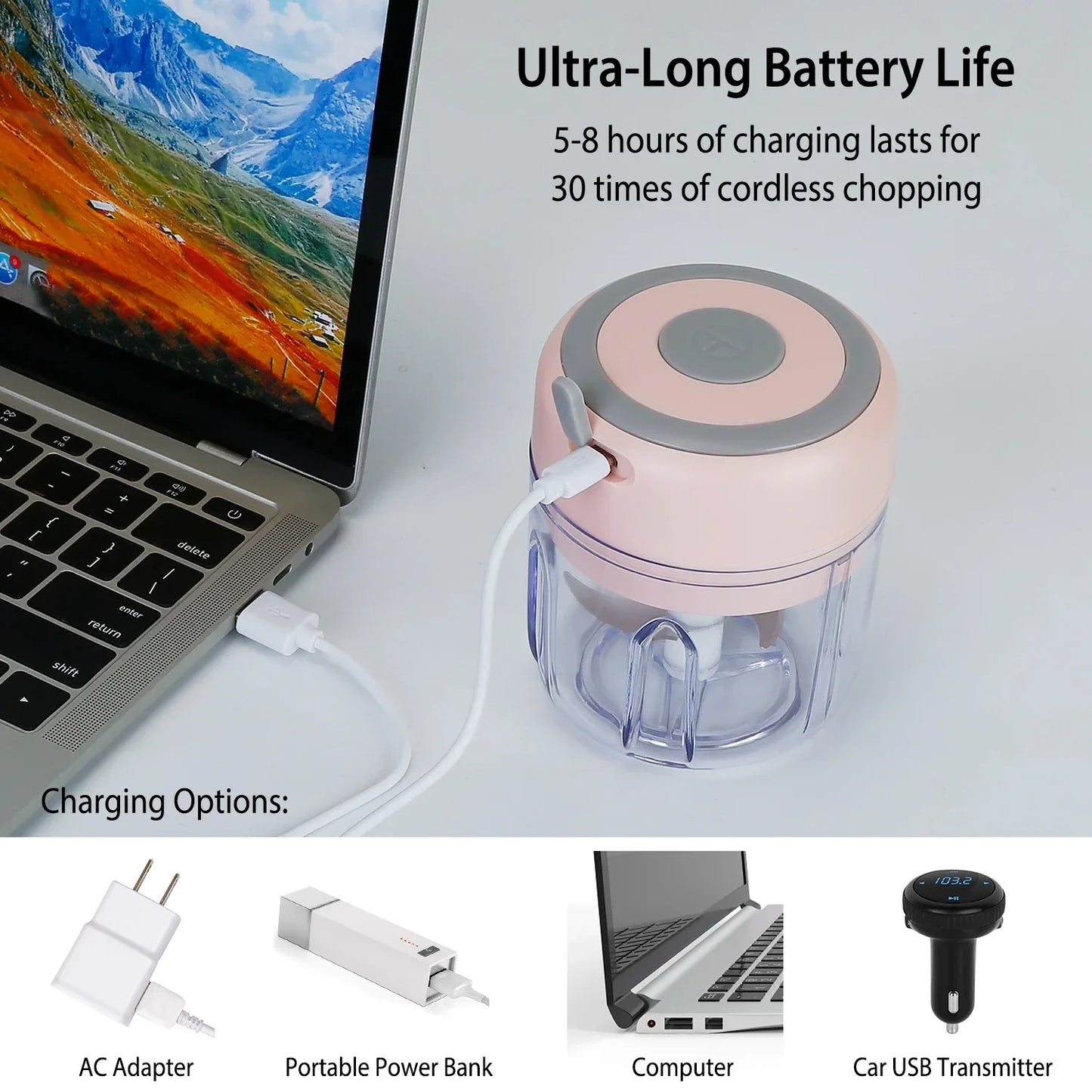 Mini Electric Garlic Chopper 8.45OZ Cordless Garlic Mincer Food Chopper Rechargeable Food Blender Chili Nut Onion Pepper Meat Ginger Food - THE MILE MAKER DRIVER SHOP