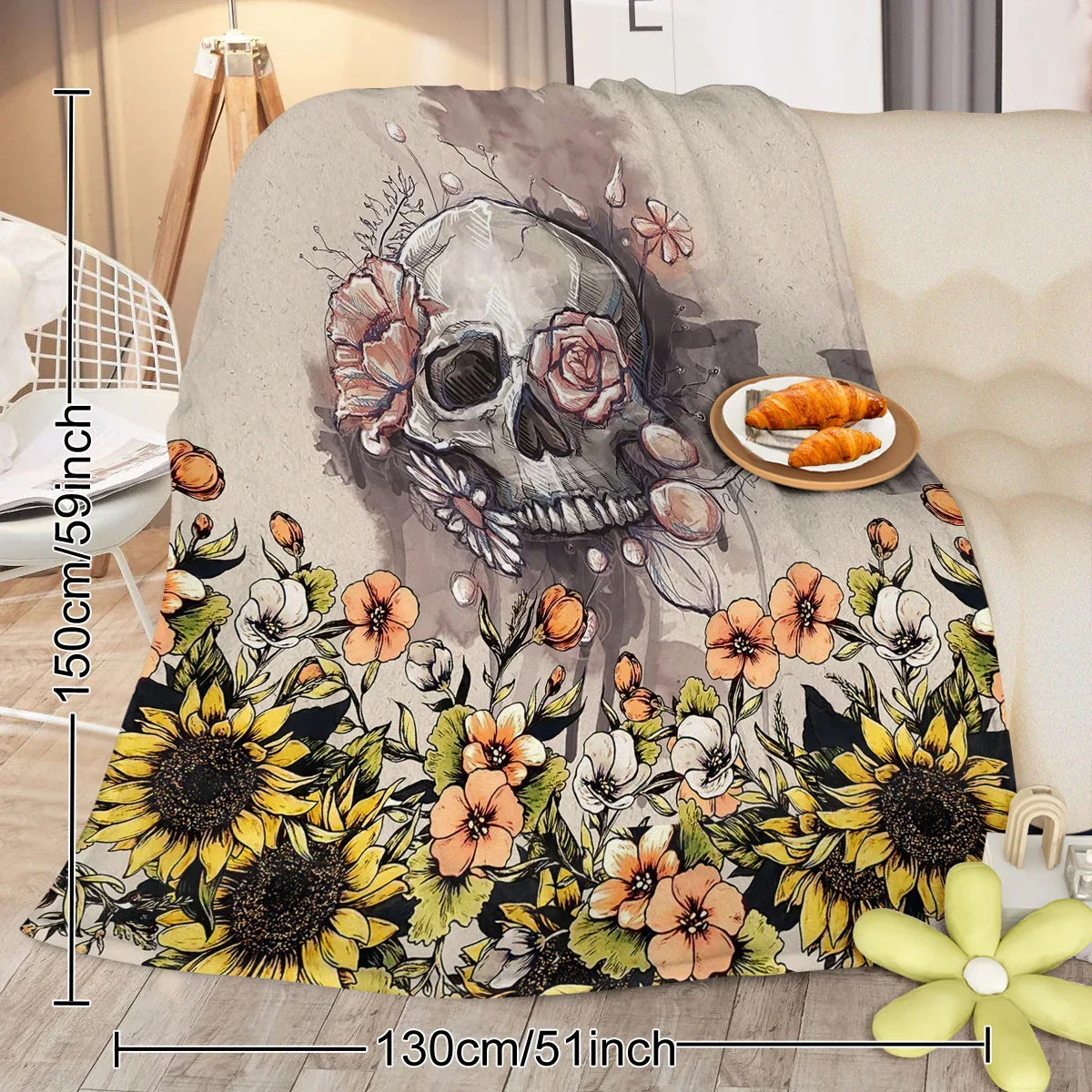 Rustic Skull Sunflower Flannel Fleece Blanket Floral Skull Flannel Soft Plush Throw Blanket Cozy Blankets For Bed Chair Car Sofa Couch Bedroom 75x100cm 130x150cm 150x200cm - THE MILE MAKER DRIVER SHOP