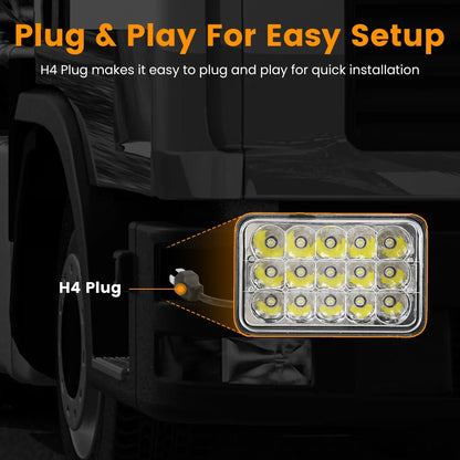 2Pcs 4x6in Car LED Headlights Vehicle Rectangular Headlamp With H4 Socket H4-to-3Pins Adapter With High Low Beam White Light IP68 Waterproof For 10-80V SUV Truck Sedan Car Motorcycle - THE MILE MAKER DRIVER SHOP