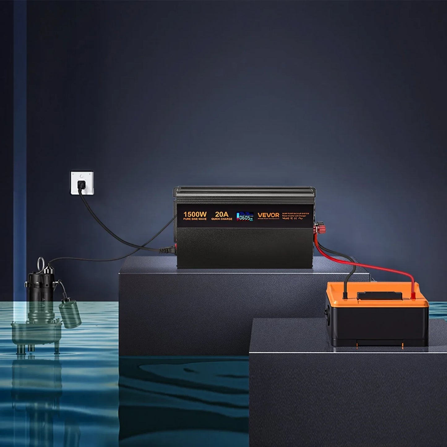 Sump Pump Battery Backup System 1500W LCD Auto Switches To Battery Inverter - THE MILE MAKER DRIVER SHOP