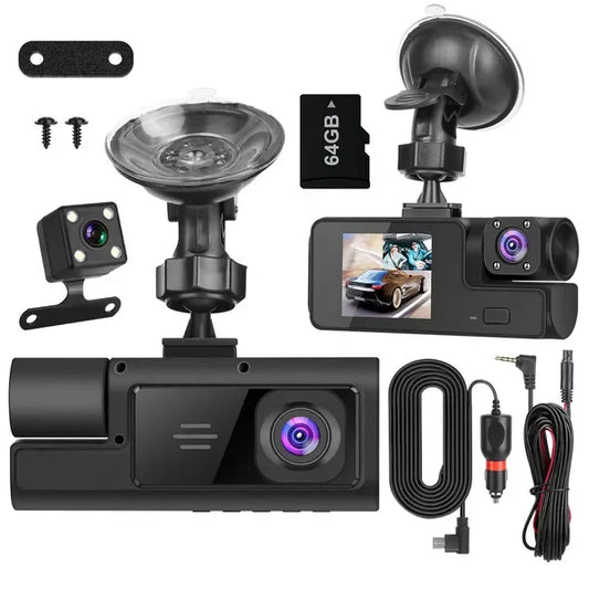 WiFi FHD 1080P Car Dash Cam 3 Channels Front Rear Inside Dash Camera With Loop Recording Reversing Visual 170° Wide Angle 64G Card Included - THE MILE MAKER DRIVER SHOP