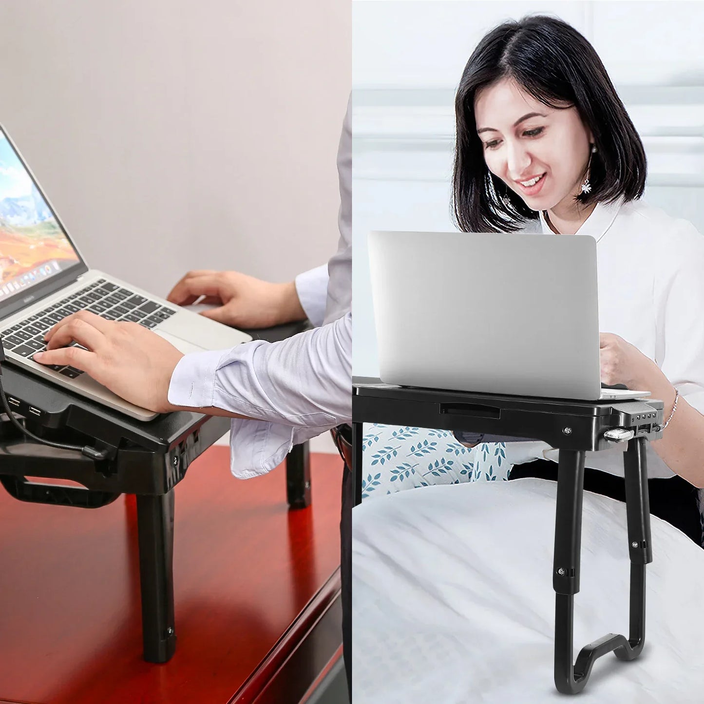 1Pc Foldable Laptop Table Bed Notebook Desk With Cooling Fan Mouse Board LED Light 4 USB Ports Breakfast Snacking Tray With Storage Groove For Home Office Use - THE MILE MAKER DRIVER SHOP