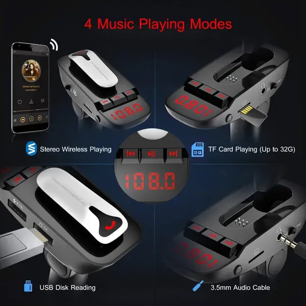 Car FM Transmitter W/ Wireless Earpiece 2 USB Charge Ports Hands-free Call MP3 Player - THE MILE MAKER DRIVER SHOP