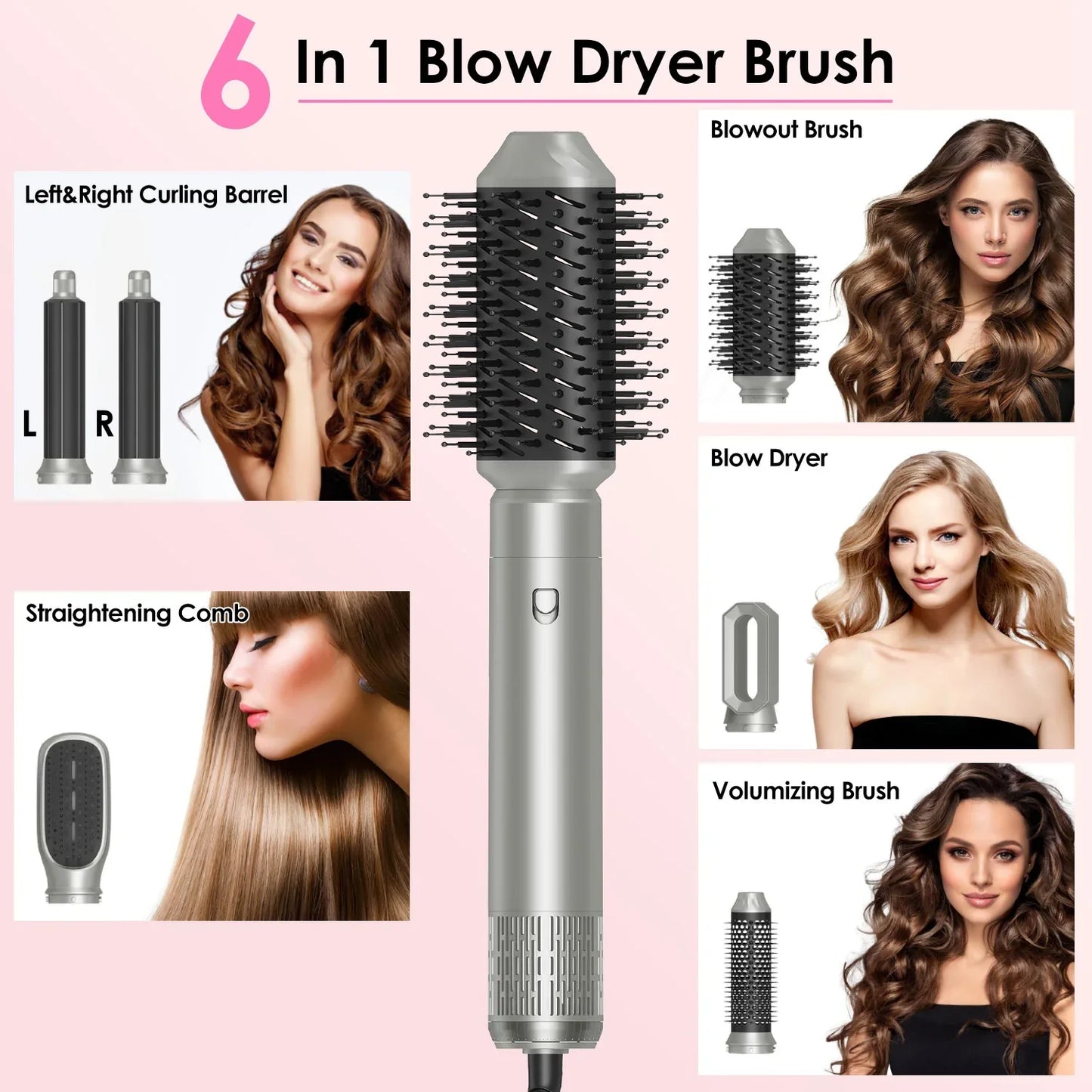 1Pc 6 In 1 Hot Air Styler Volumizer Straightener Curler Dryer Automatic Wrap Styler Hair Dryer Brush Set With 3 Temp Settings ALCI Plug Glove Cable Zip Tie - THE MILE MAKER DRIVER SHOP