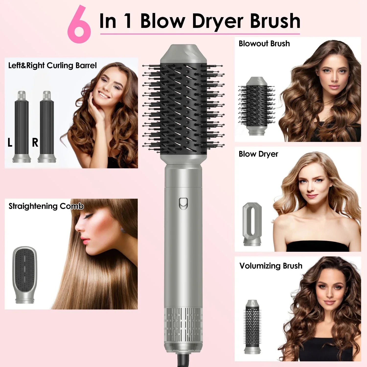 1Pc 6 In 1 Hot Air Styler Volumizer Straightener Curler Dryer Automatic Wrap Styler Hair Dryer Brush Set With 3 Temp Settings ALCI Plug Glove Cable Zip Tie - THE MILE MAKER DRIVER SHOP
