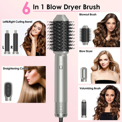 1Pc 6 In 1 Hot Air Styler Volumizer Straightener Curler Dryer Automatic Wrap Styler Hair Dryer Brush Set With 3 Temp Settings ALCI Plug Glove Cable Zip Tie - THE MILE MAKER DRIVER SHOP