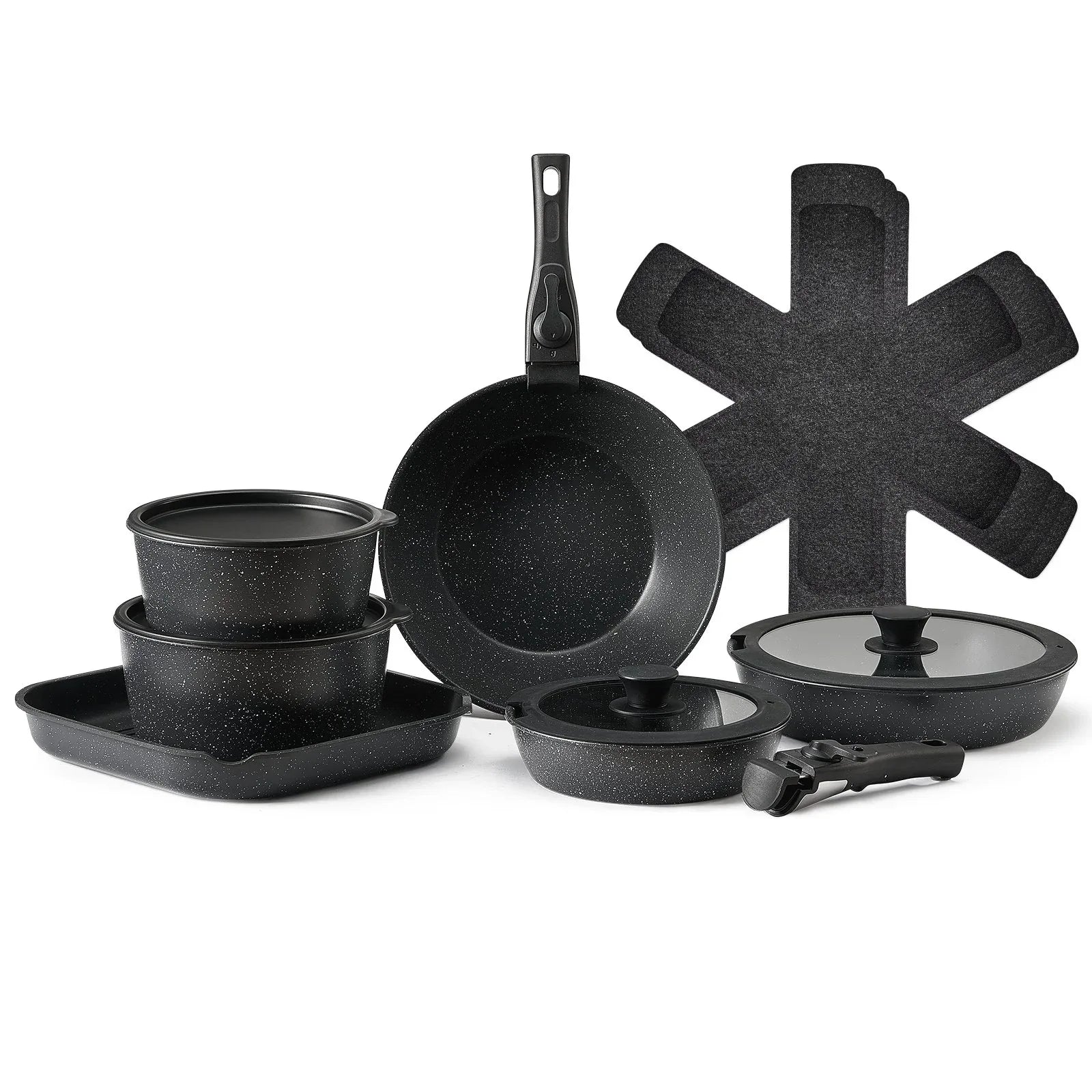 17 Piece Pots And Pans Set Granite Nonstick Kitchen Cookware Induction Black - THE MILE MAKER DRIVER SHOP