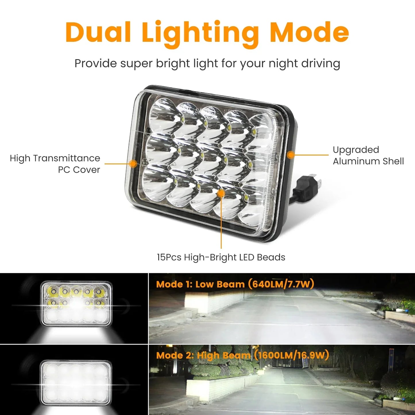 2Pcs 4x6in Car LED Headlights Vehicle Rectangular Headlamp With H4 Socket H4-to-3Pins Adapter With High Low Beam White Light IP68 Waterproof For 10-80V SUV Truck Sedan Car Motorcycle - THE MILE MAKER DRIVER SHOP