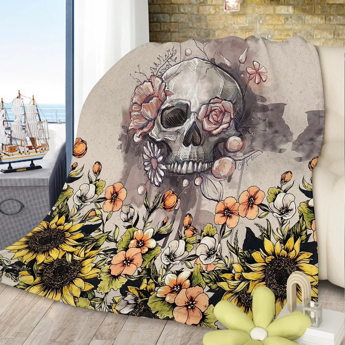 Rustic Skull Sunflower Flannel Fleece Blanket Floral Skull Flannel Soft Plush Throw Blanket Cozy Blankets For Bed Chair Car Sofa Couch Bedroom 75x100cm 130x150cm 150x200cm - THE MILE MAKER DRIVER SHOP