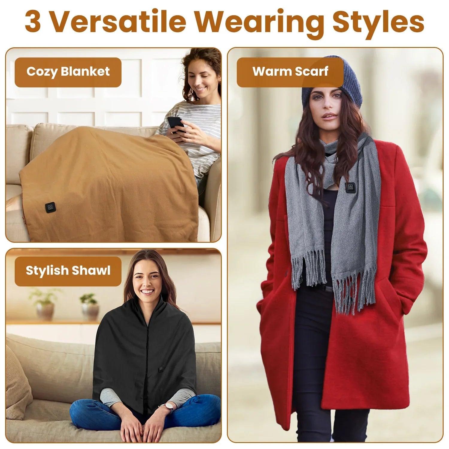 1Pc 79x24In USB Heated Shawl With Teasel Wearable Heating Blanket Electric Throw Wrap Indoor Outdoor With Zipper 3 Heating Levels Machine Washable For Outdoor Home Office - THE MILE MAKER DRIVER SHOP