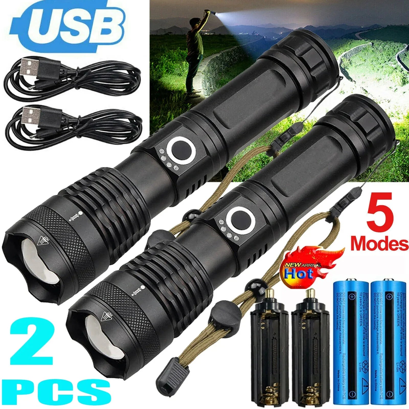 LED Flashlight Zoom USB Rechargeable Super Bright Torch Camping Lamp Work Light - THE MILE MAKER DRIVER SHOP