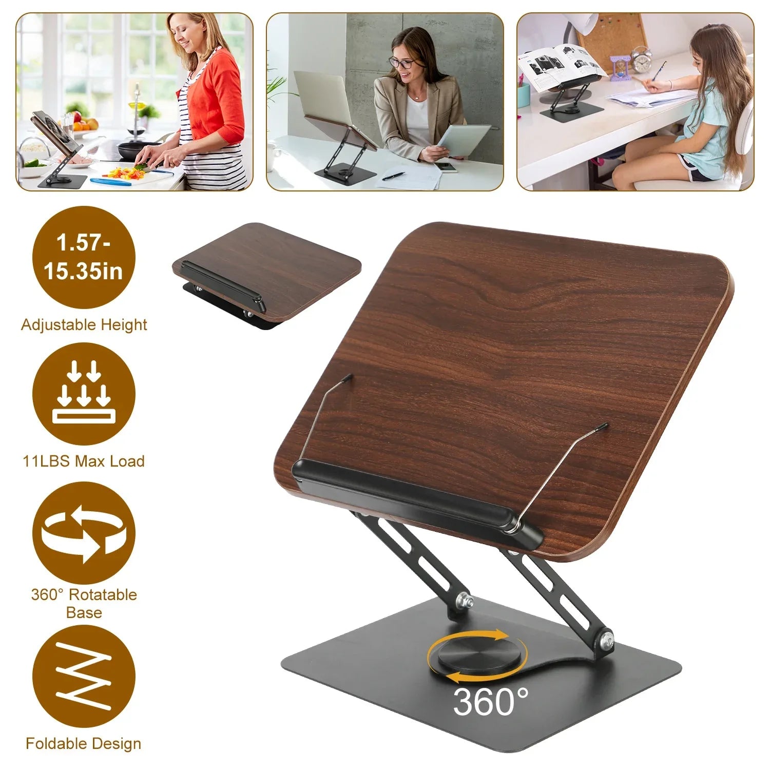 1Pc Book Stand For Reading Foldable Wood Book Holder Reading Rack Paper Stand With Adjustable Height 360 Degree Rotatable Base Dual Paper Clips For Book Sheet Music Laptop Drawing Tablet - THE MILE MAKER DRIVER SHOP