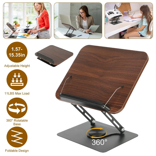 1Pc Book Stand For Reading Foldable Wood Book Holder Reading Rack Paper Stand With Adjustable Height 360 Degree Rotatable Base Dual Paper Clips For Book Sheet Music Laptop Drawing Tablet - THE MILE MAKER DRIVER SHOP