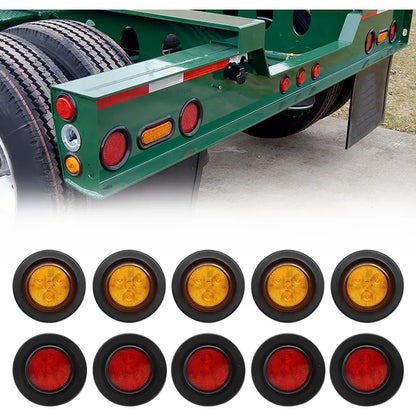10 Pcs 2 4LED Rubber Ring Round Led Trailer Truck Tail Lights With Plug, 12V Brake Light Marker, 5 Red Covers 5 Yellow Covers - THE MILE MAKER DRIVER SHOP