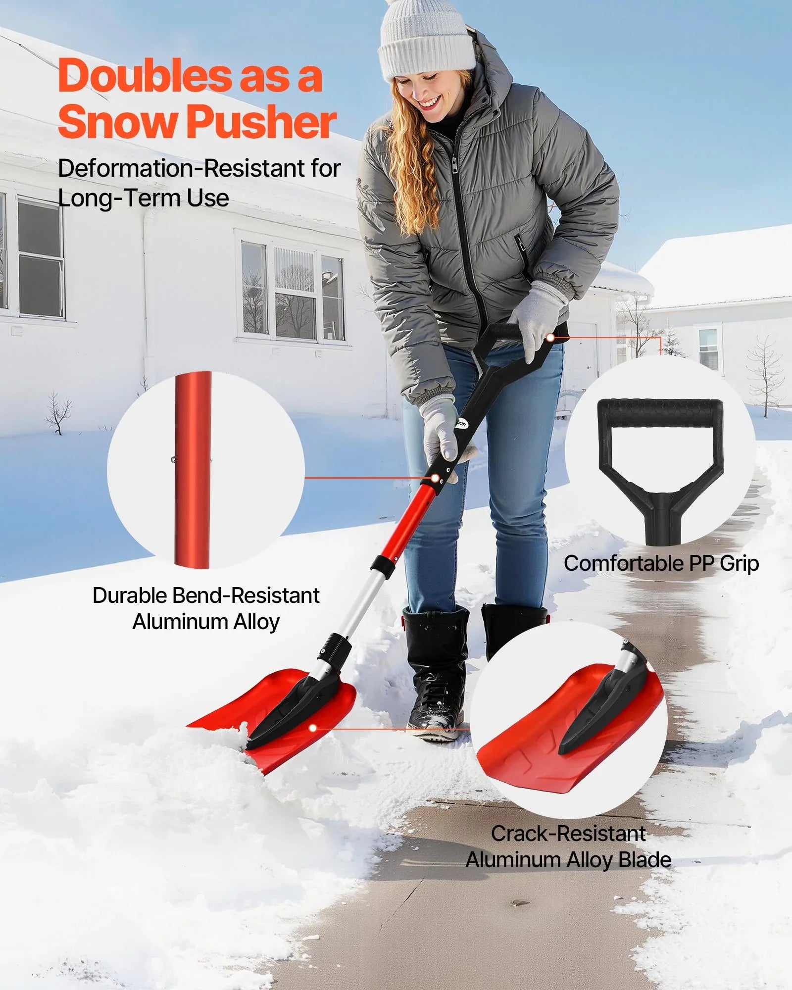 Snow Shovel For Driveway, 22cm Foldable Snow Shovel With D-shaped Handle, , 36-40 In Adjustable, Lightweight Aluminum Alloy Snows Removal Tool, Reduce Back Strains For Garden Car Camping - THE MILE MAKER DRIVER SHOP