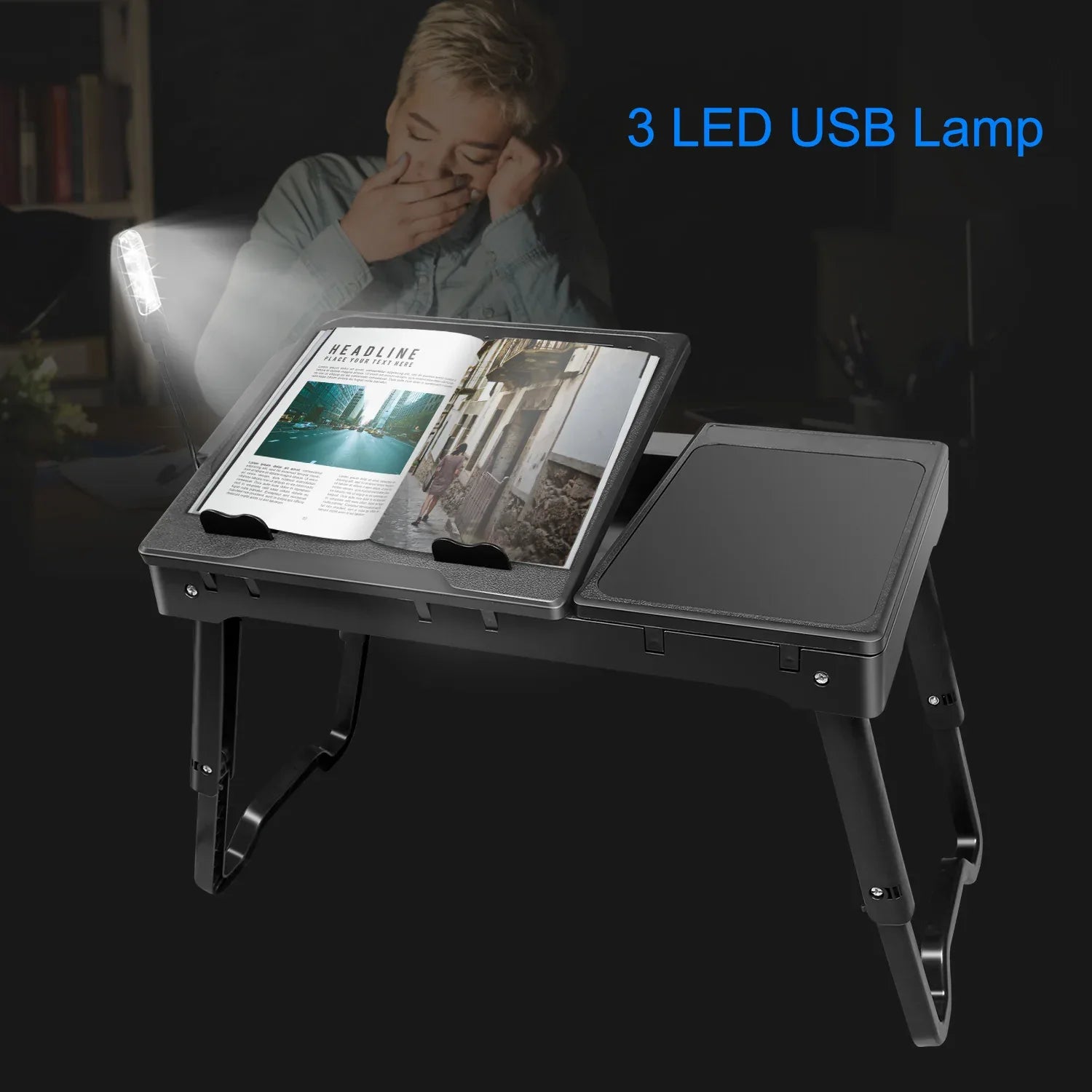 1Pc Foldable Laptop Table Bed Notebook Desk With Cooling Fan Mouse Board LED Light 4 USB Ports Breakfast Snacking Tray With Storage Groove For Home Office Use - THE MILE MAKER DRIVER SHOP